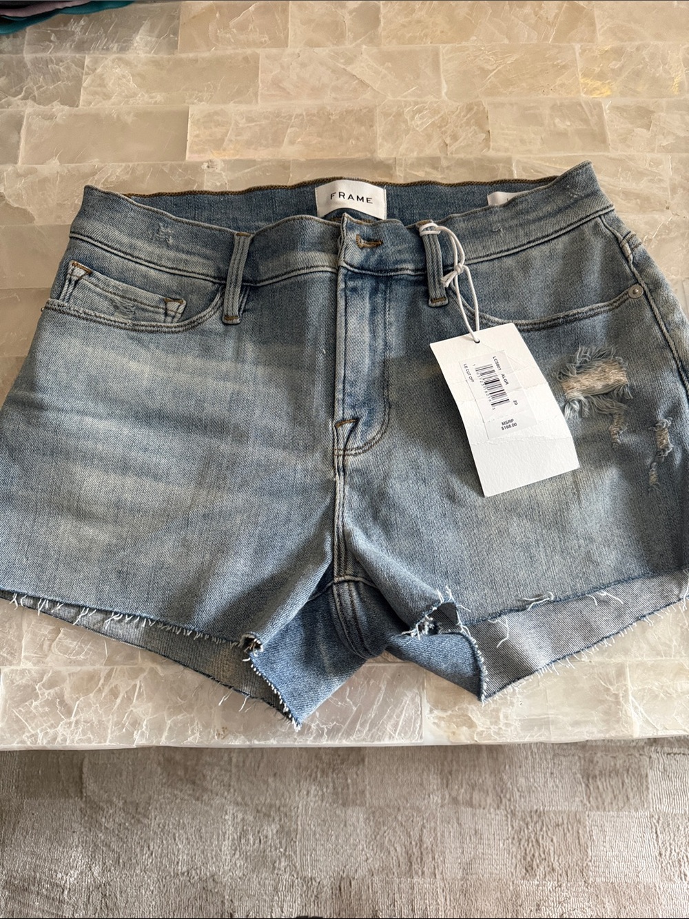 Frame Denim Washed Blue Frayed Hem Jean Shorts